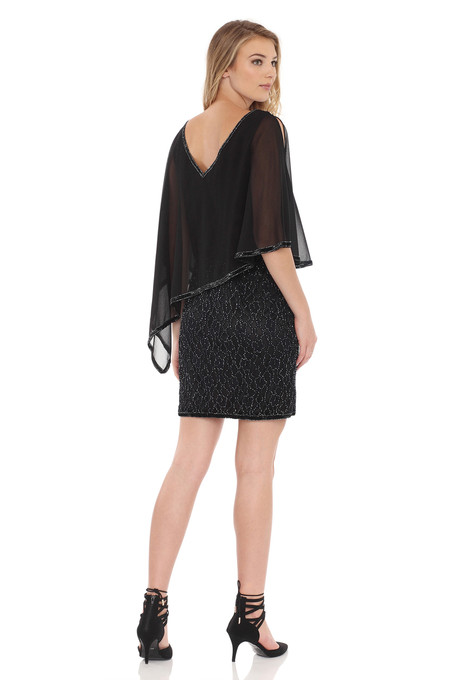 J Kara Asymmetrical Caplet Beaded Dress Black