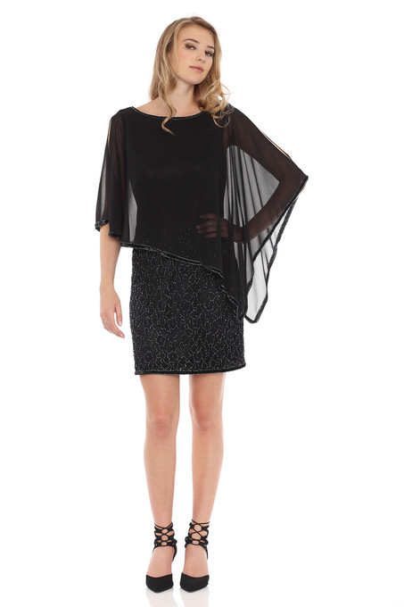 J Kara Asymmetrical Caplet Beaded Dress Black