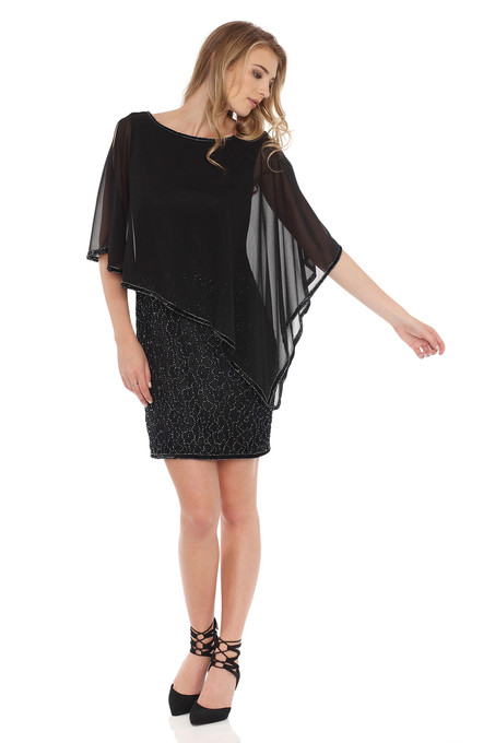 J Kara Asymmetrical Caplet Beaded Dress Black