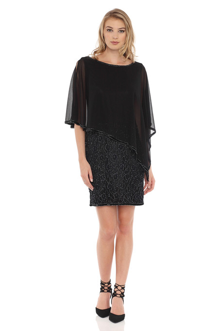 j kara Asymmetrical Caplet Beaded Dress Black