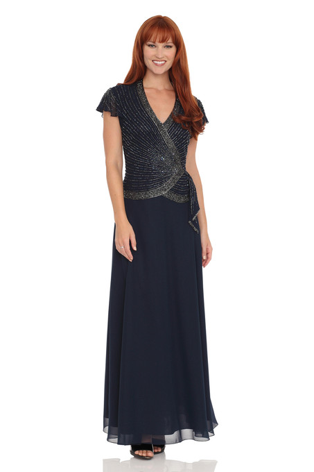 J Kara Beaded-Bodice Dress Navy
