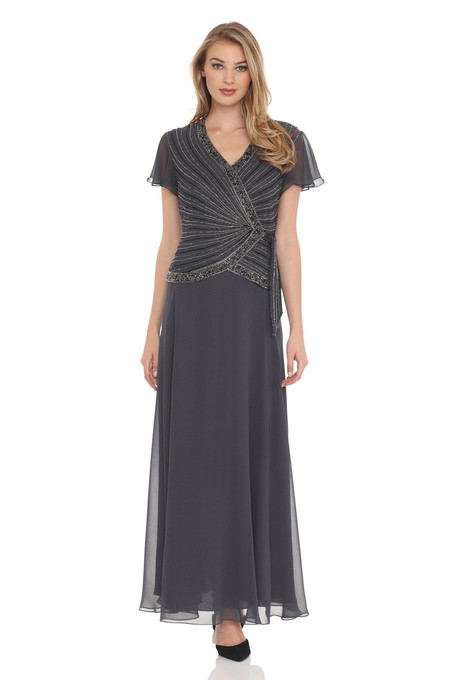J Kara Beaded Chiffon Dress Grey