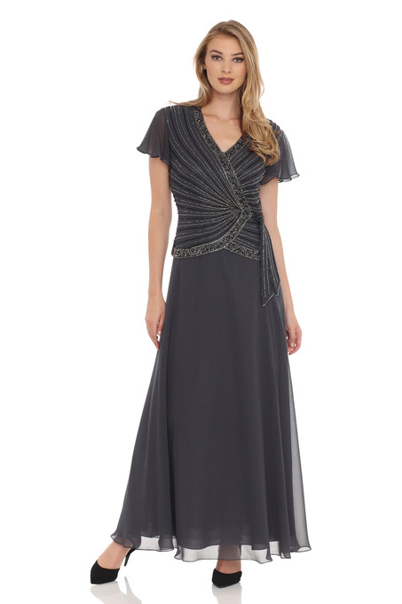 j kara Beaded Chiffon Dress Grey