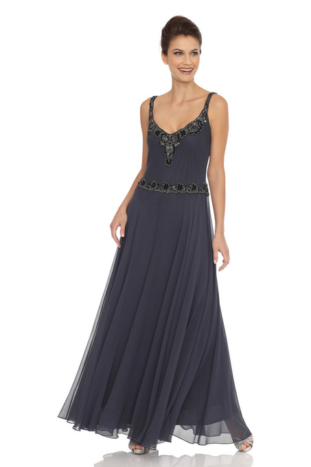 J Kara Beaded Chiffon Jacket Dress Grey / Black