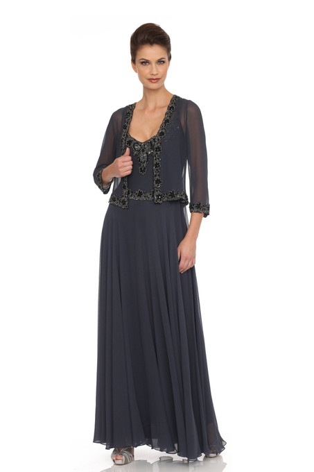 j kara Beaded Chiffon Jacket Dress Grey / Black