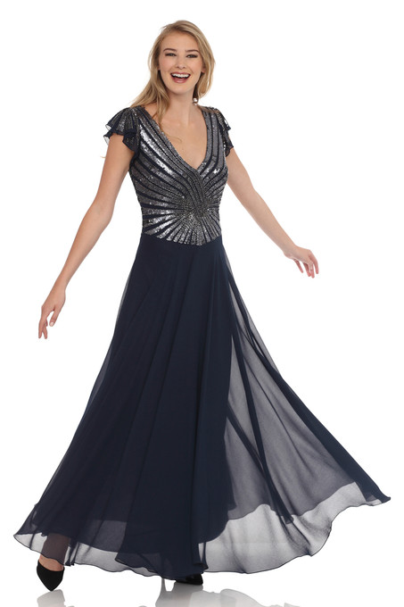 J Kara Beaded Flutter-Sleeve Dress Navy