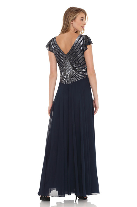 J Kara Beaded Flutter-Sleeve Dress Navy