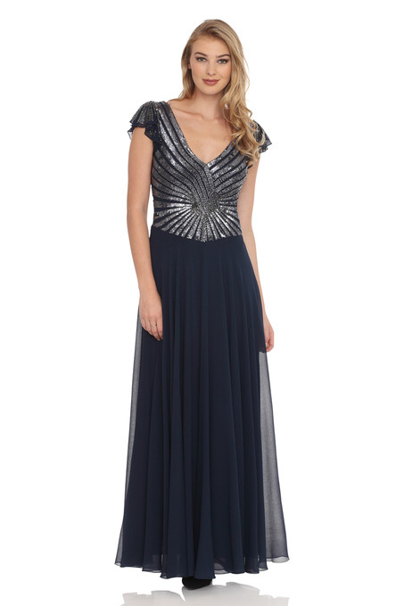 j kara Beaded Flutter-Sleeve Dress Navy