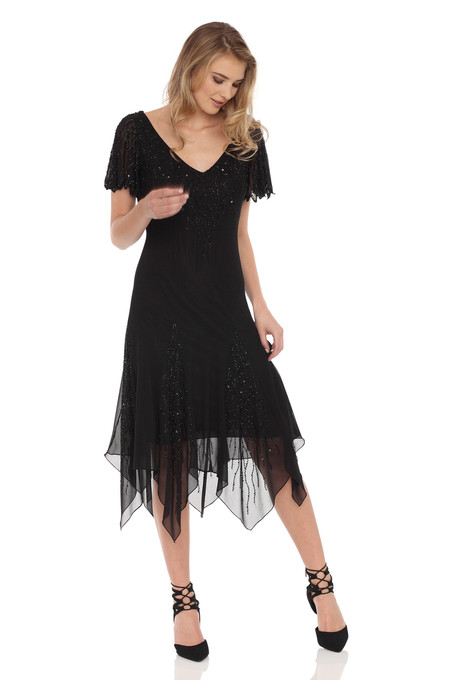 J Kara Beaded Godet Dress Black