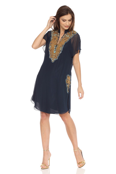 J Kara Beaded Mandarin Collar Dress Navy