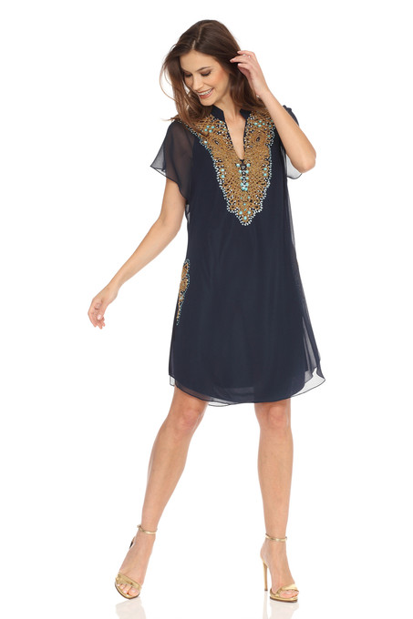 J Kara Beaded Mandarin Collar Dress Navy