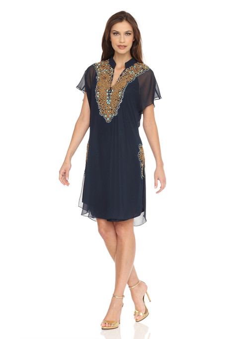 j kara Beaded Mandarin Collar Dress Navy