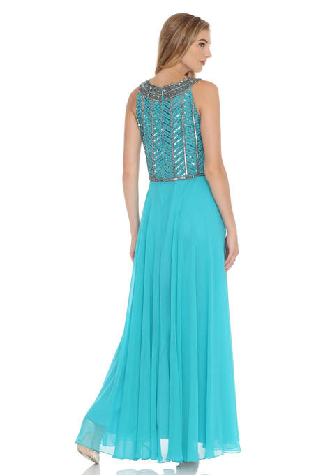 J Kara Beaded Necklace Neckline Gown Aqua / Mercury