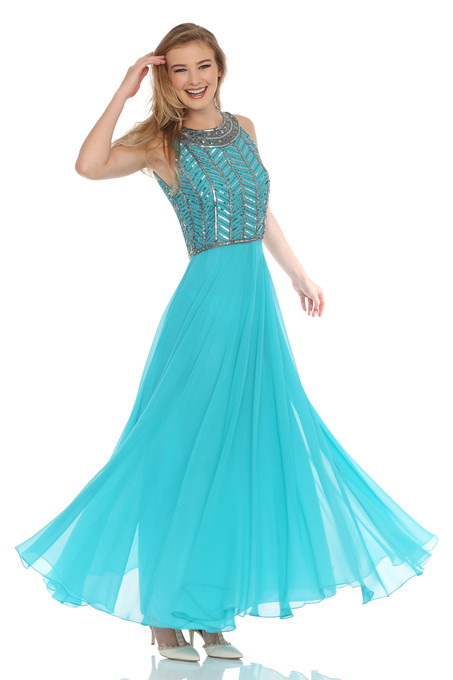J Kara Beaded Necklace Neckline Gown Aqua / Mercury