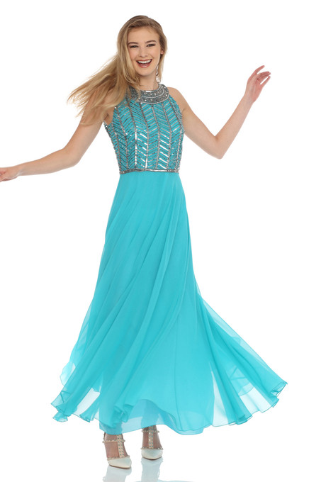 J Kara Beaded Necklace Neckline Gown Aqua / Mercury