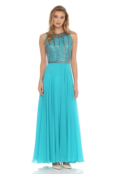 j kara Beaded Necklace Neckline Gown Aqua / Mercury