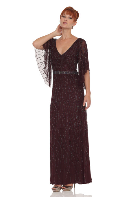 J Kara Criss Cross All-over Beaded Dress Wine