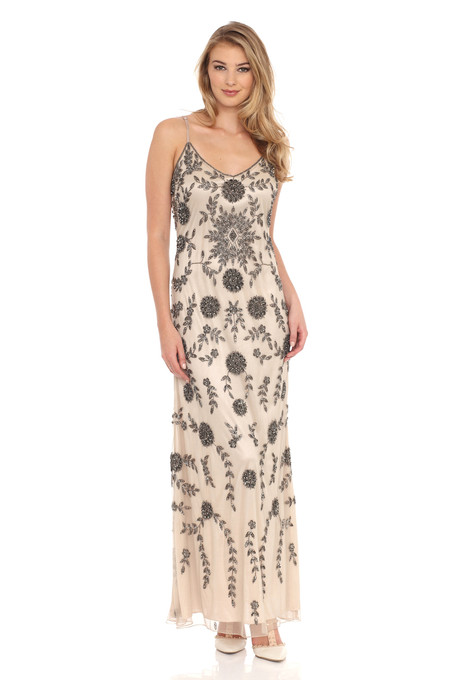 j kara Floral Beaded all over Dress Beige / Mercury