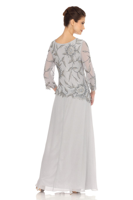 J Kara Floral-Beaded Chiffon Dress Silver