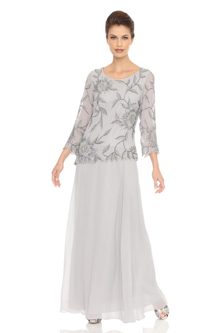 J Kara Floral-Beaded Chiffon Dress Silver