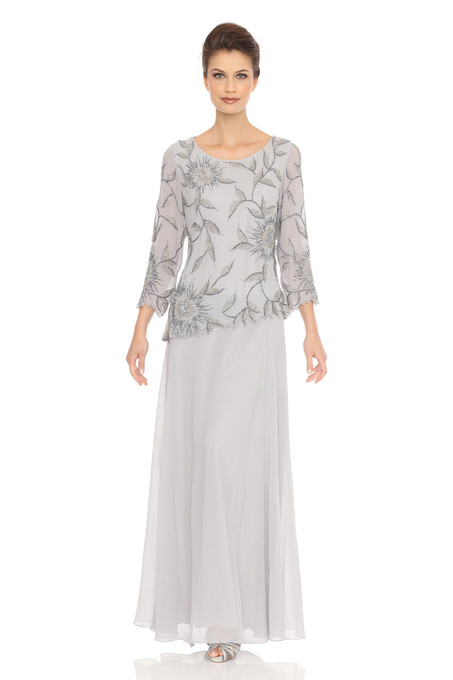 j kara Floral-Beaded Chiffon Dress Silver