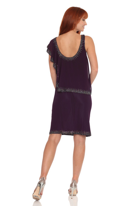 J Kara Flutter Cap Sleeves One Shoulder Plum