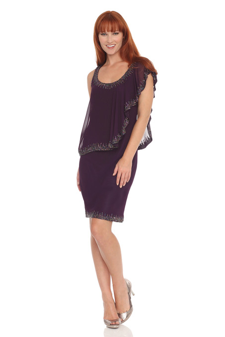 J Kara Flutter Cap Sleeves One Shoulder Plum