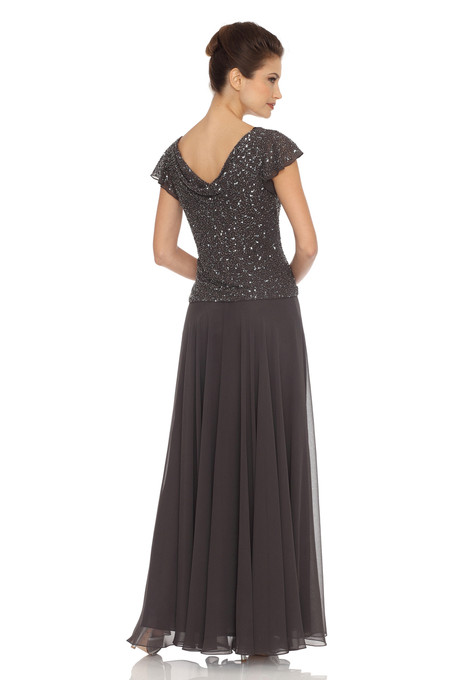 J Kara Flutter Sleeve Beaded Gown Slate