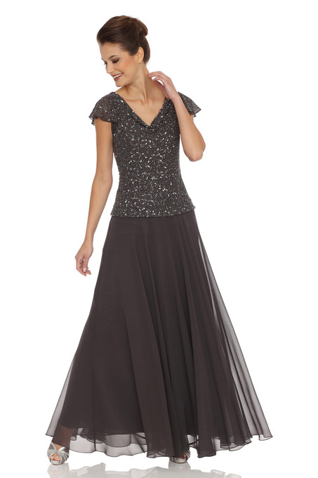 J Kara Flutter Sleeve Beaded Gown Slate