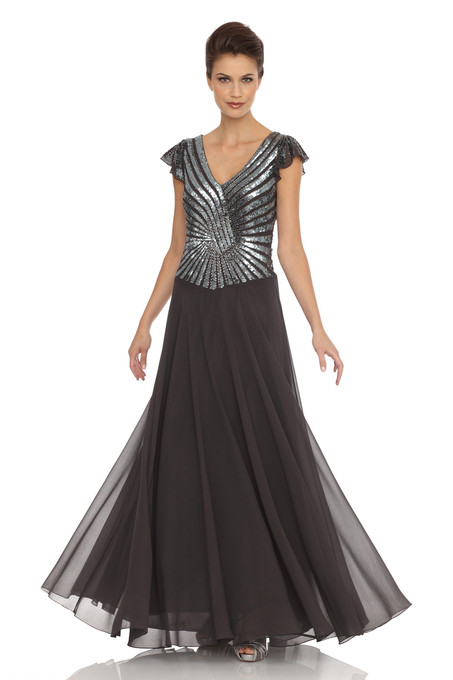 J Kara Flutter Sleeved Beaded Chiffon Dress Slate