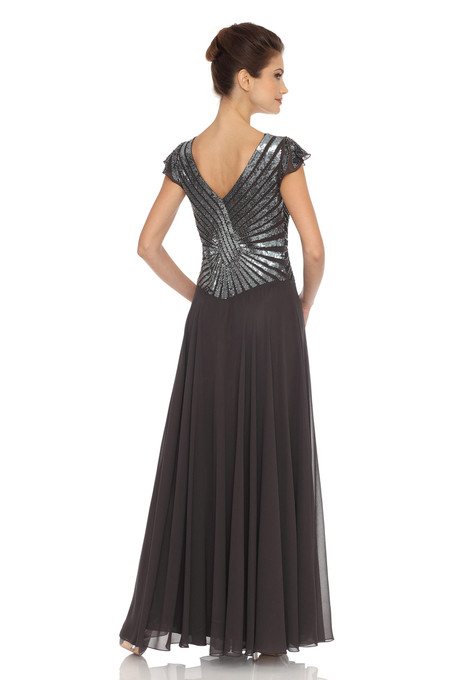 J Kara Flutter Sleeved Beaded Chiffon Dress Slate