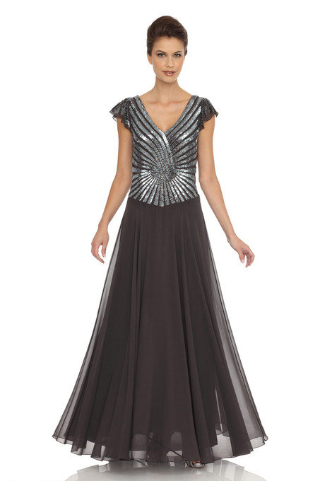 J Kara Flutter Sleeved Beaded Chiffon Dress Slate