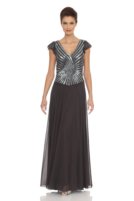 j kara Flutter Sleeved Beaded Chiffon Dress Slate