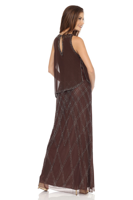 J Kara Geometrical Pattern Beaded Dress Chocolate