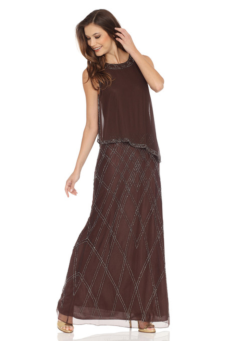 J Kara Geometrical Pattern Beaded Dress Chocolate