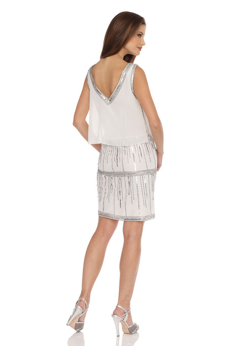 J Kara Ivory V-neck Silver Beading Dress Ivory