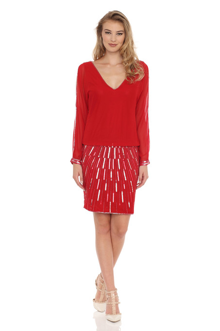 j kara Red Sparkling Rain Down Beaded Dress Red