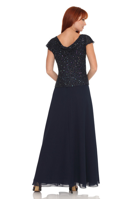J Kara Sequin Flutter Sleeve Chiffon Dress Navy