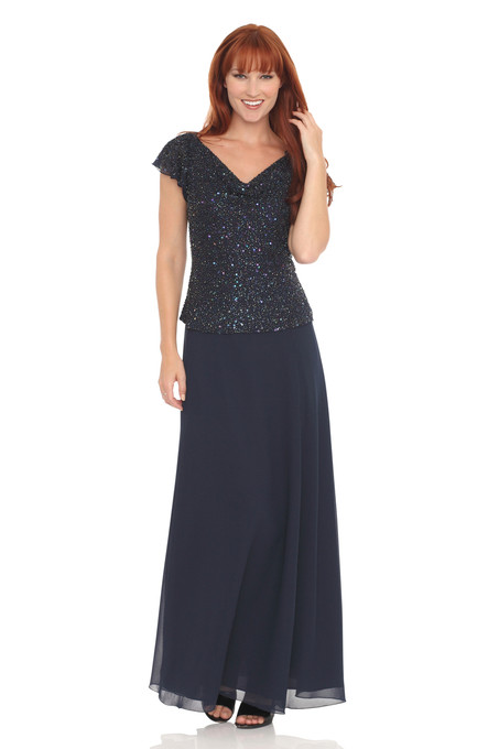 J Kara Sequin Flutter Sleeve Chiffon Dress Navy