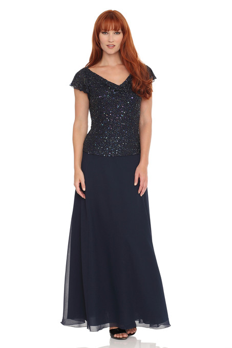 j kara Sequin Flutter Sleeve Chiffon Dress Navy