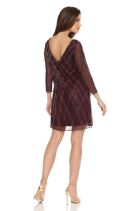 J Kara Sheer Sleeves & V-neck Dress Wine