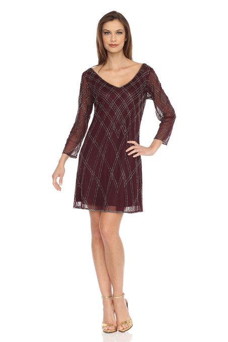 j kara Sheer sleeves & V-neck Dress Wine