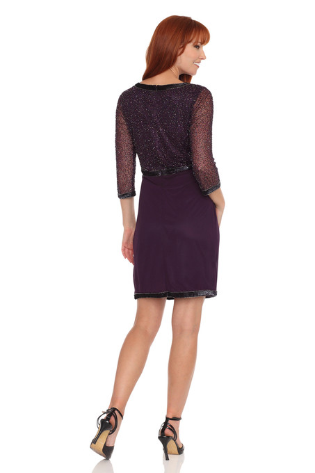 J Kara Sheer V Look With Boat Neckline Dress Plum
