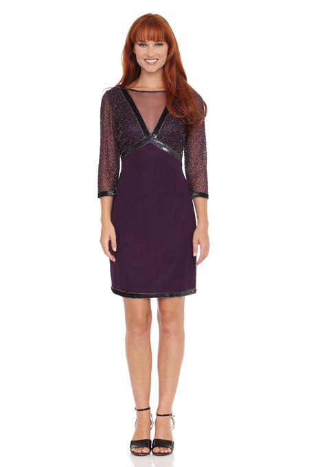 J Kara Sheer V Look With Boat Neckline Dress Plum