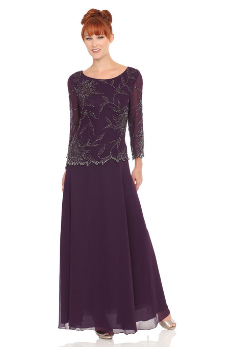J Kara Three-Quarter Sleeve Beaded Dress Plum