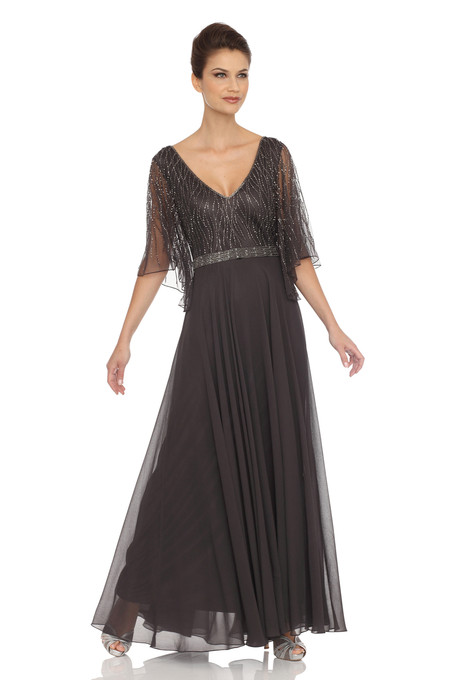 J Kara V-neck Angle Sheer Sleeves Dress Slate