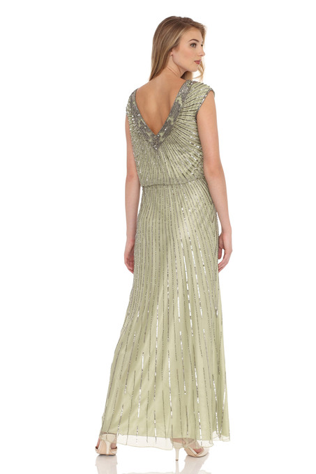 J Kara V-Neck Blouson Beaded Gown Celery / Mercury