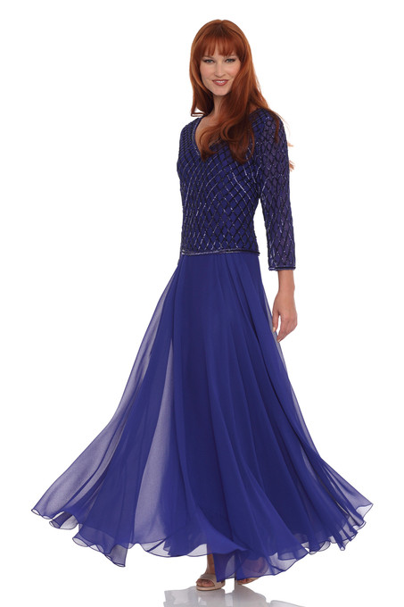 J Kara V-Neck Chiffon Beaded Dress Royal