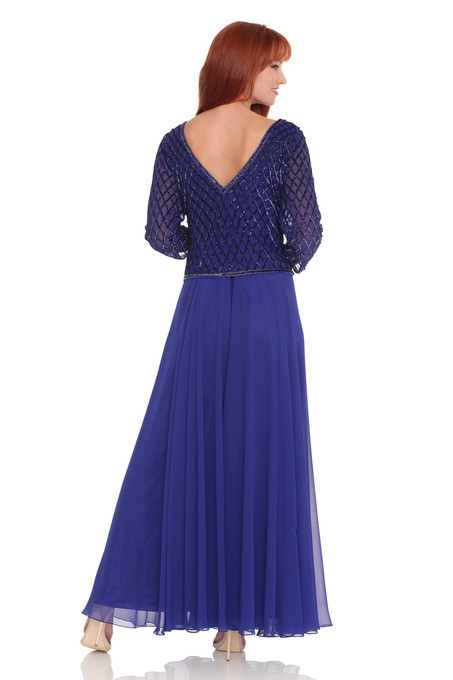 J Kara V-Neck Chiffon Beaded Dress Royal