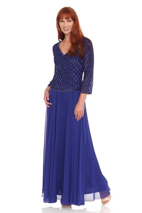 J Kara V-Neck Chiffon Beaded Dress Royal